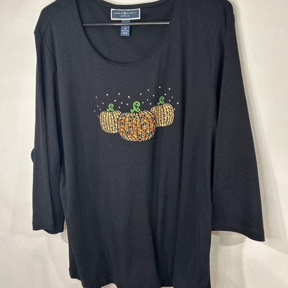 Karen Scott Womens Top Gold Glitter Pumpkin Patch 3/4 Sleeve Sz 3XL Black (021)